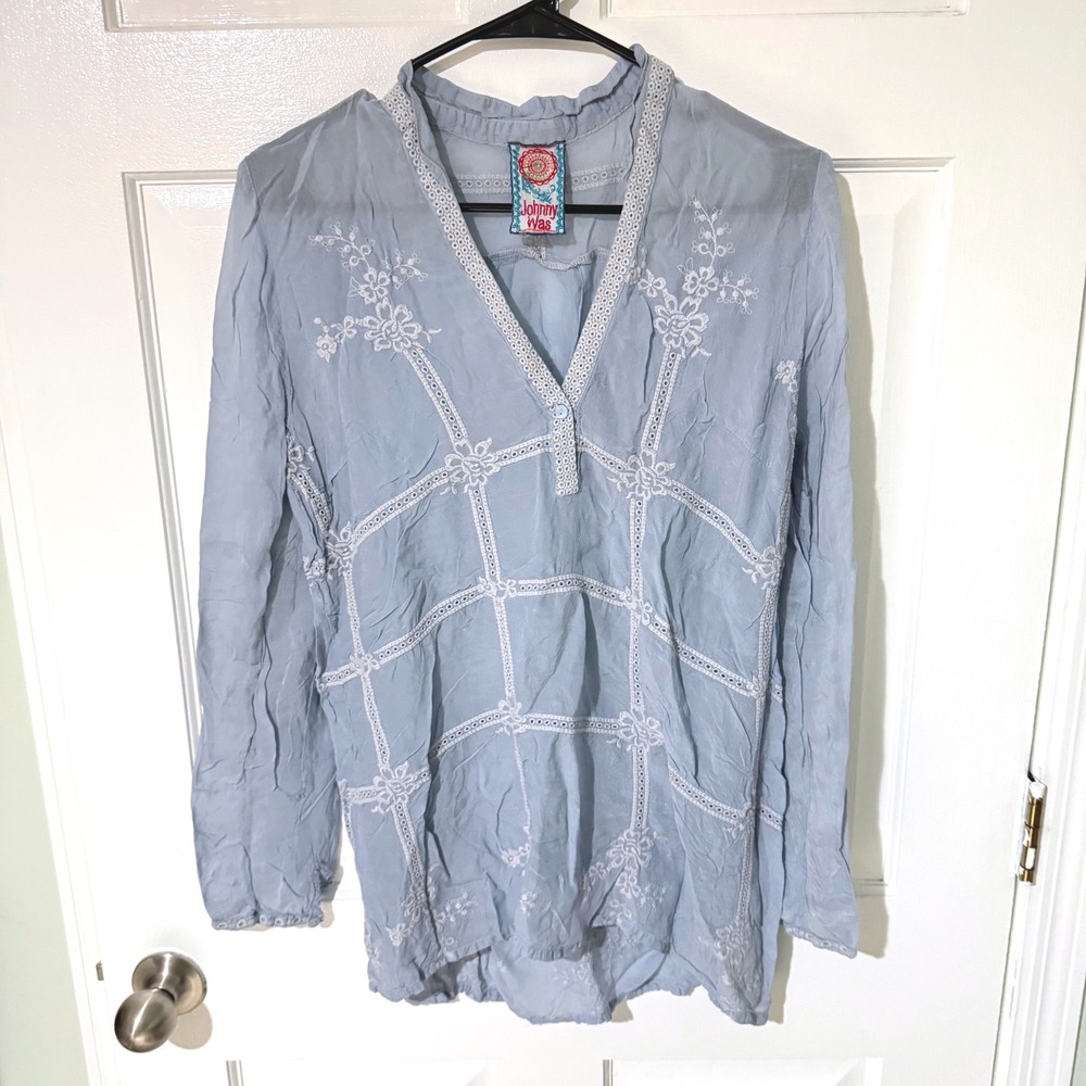 Johnny Was Blue Embroidered Eyelet Lace Tunic Top V-Neck Long Sleeve Rayon M